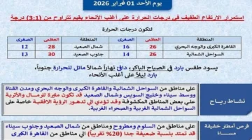 طقس الـ 26 درجة.. هيئة الأرصاد توضح تطورات درجات الحرارة غدًا بالقاهرة